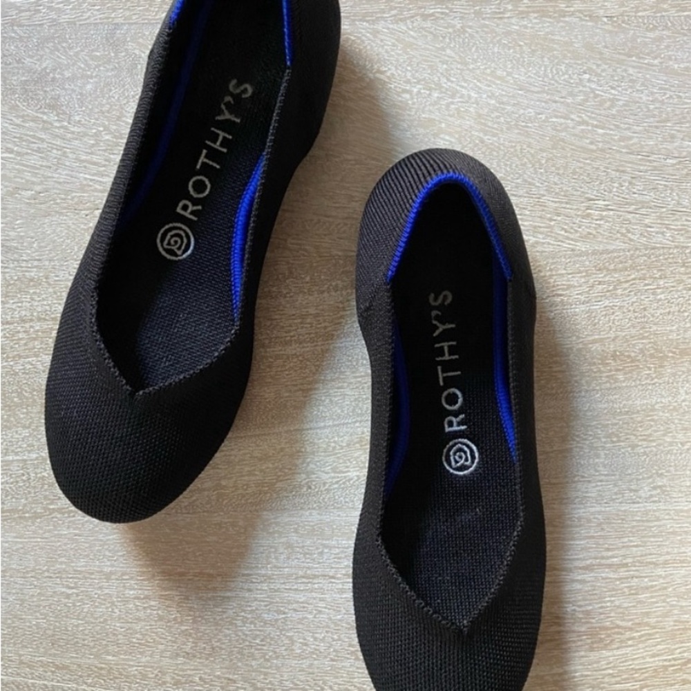 Rothy's Black Knit Ballet Flats with Blue Trim